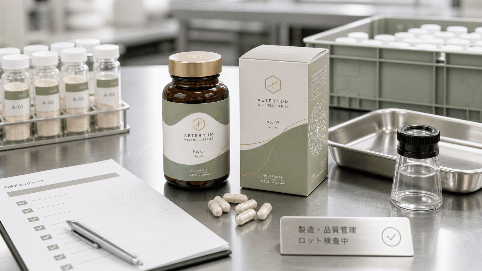 Japan-made wellness products arranged in a clean laboratory-inspired setting