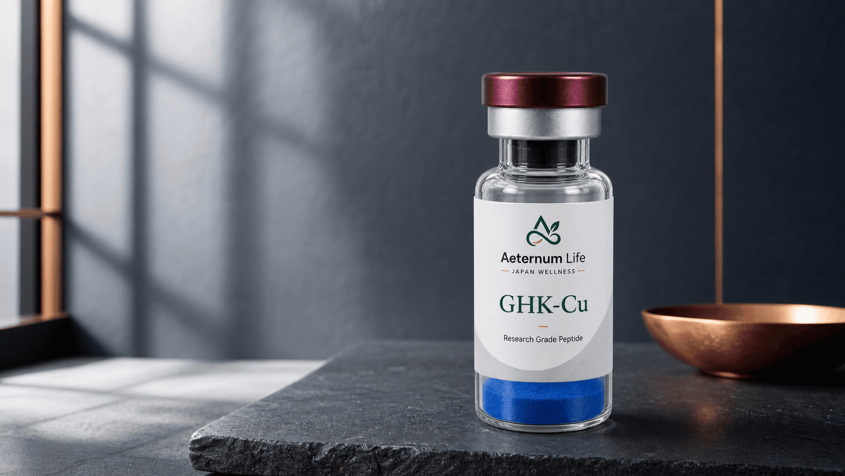 Aeternum Life GHK-Cu vial in a Japan-inspired setting
